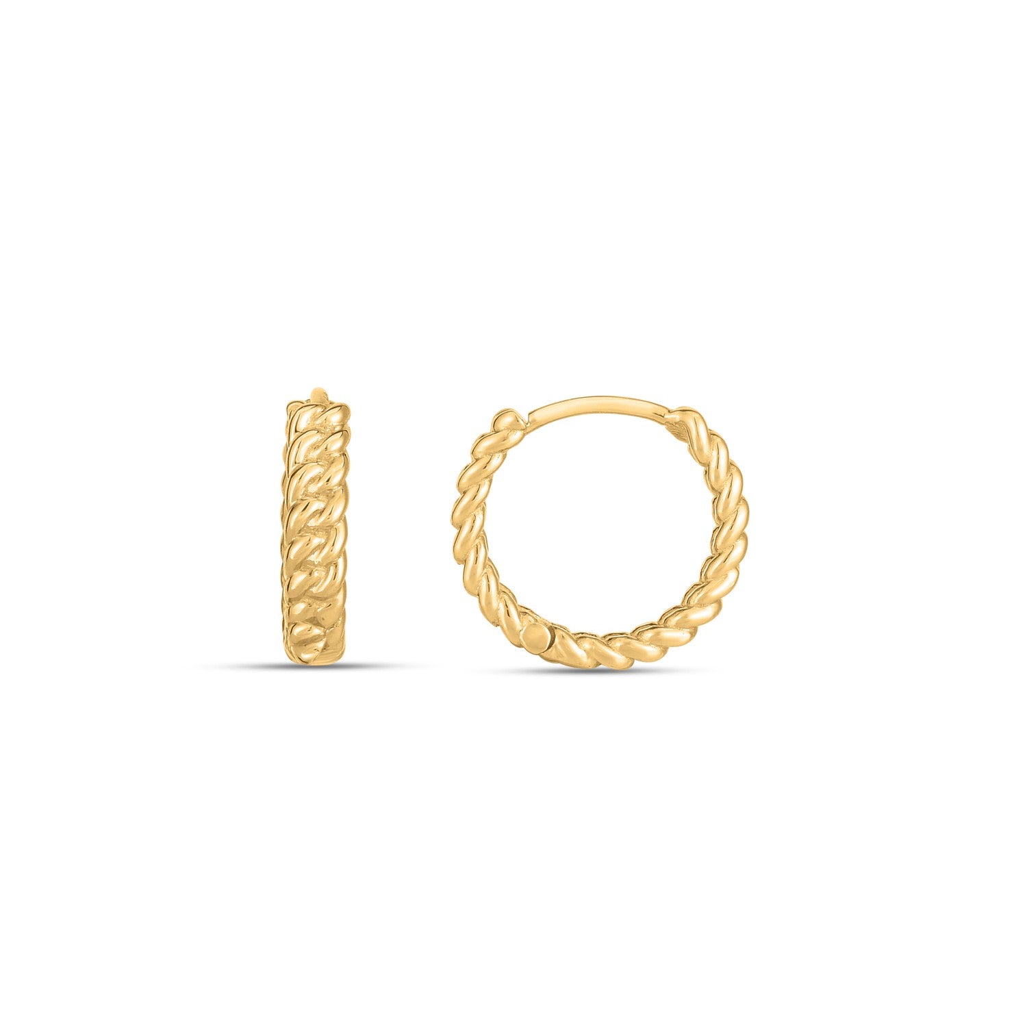 14k Yellow Gold Braided Huggie Hoops(3x12mm) in a sleek high-contrast midnight luxury editorial style